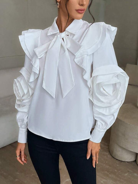 CM-TS179777 Women Elegant Seoul Style Bow Tie Stand Collar Lantern Sleeve Slim Fit Blouse - White