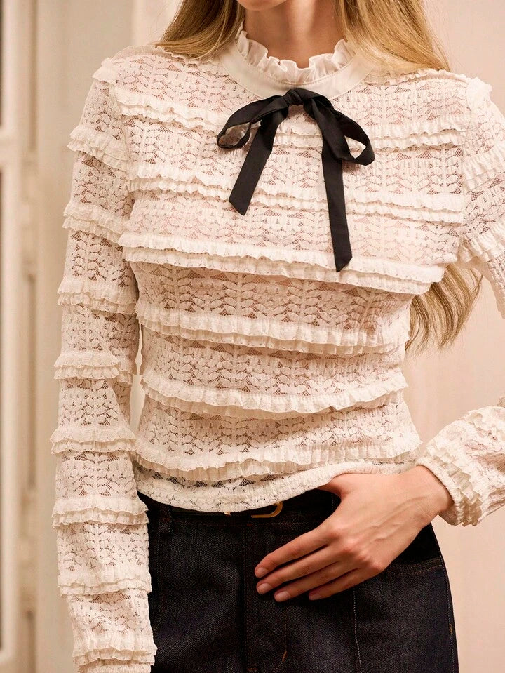 CM-TS275196 Women Elegant Seoul Style Stand Collar Long Sleeve Contrast Black Tie Ruffled Lace Top - Beige