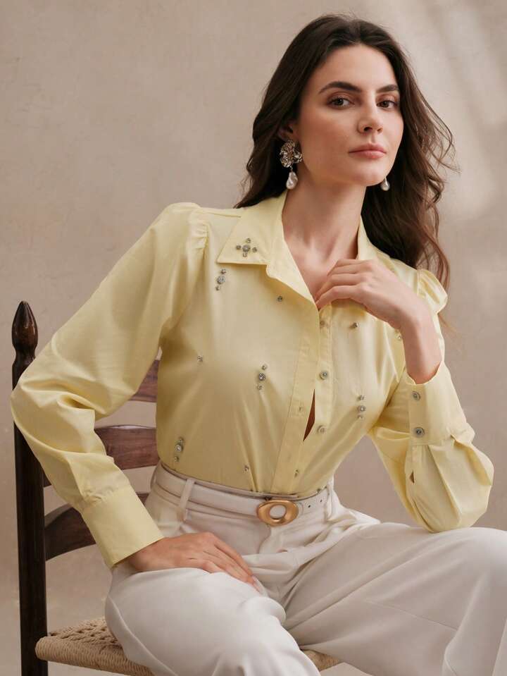 CM-TS115884 Women Elegant Seoul Style Long Sleeve Rhinestone Button Blouse - Yellow