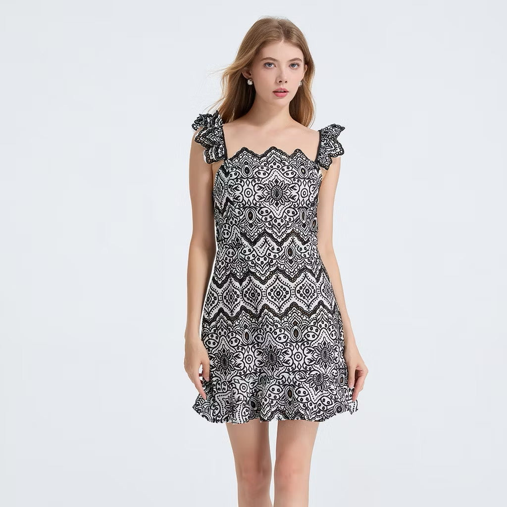 CM-DY053338 Women Elegant European Style Square Collar Sleeveless Embroidery High Waist Slim Mini Dress - Black