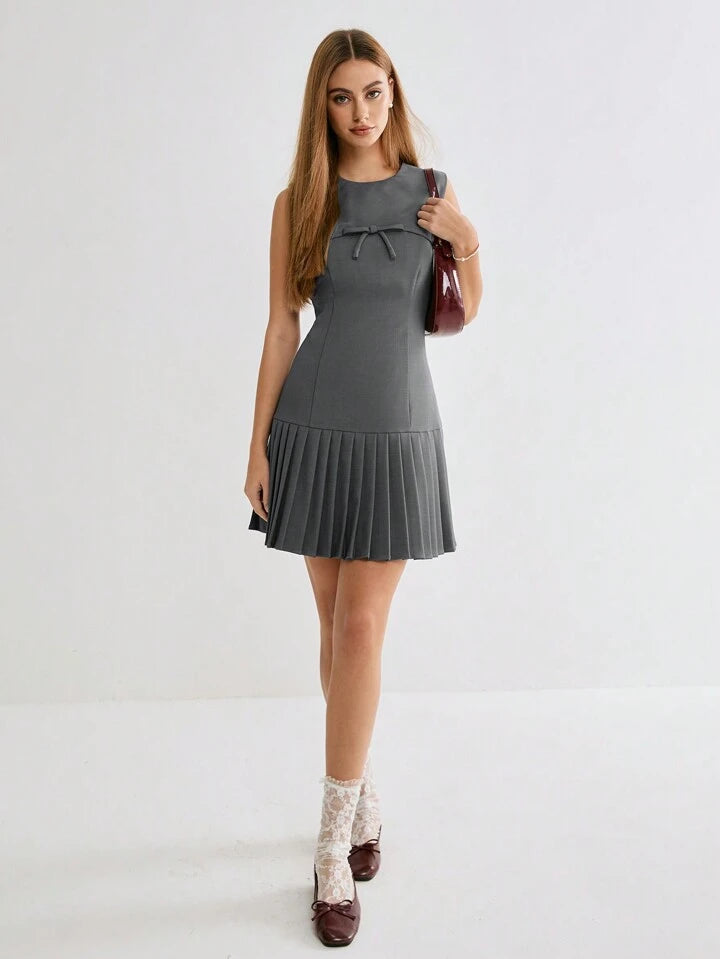 CM-DS694581 Women Casual Seoul Style Bowknot Round Neck Sleeveless Pleated Hem Short Dress - Gray