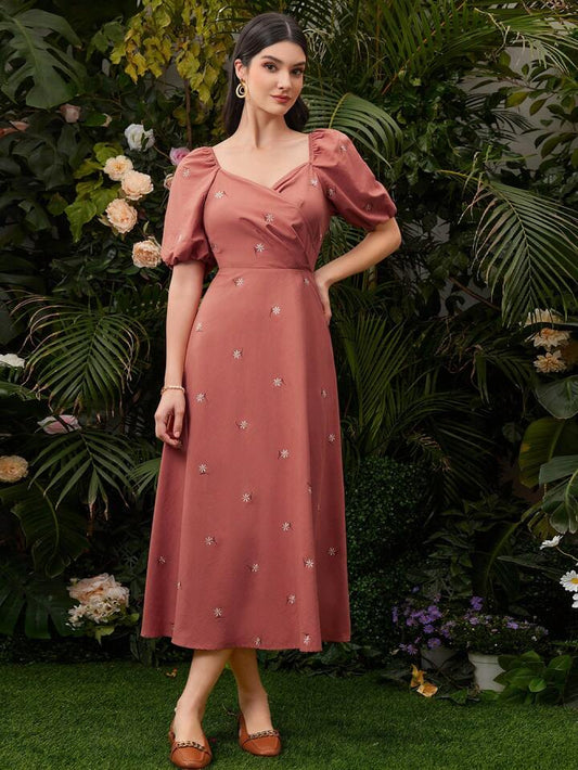CM-DS590229 Women Casual Seoul Style Floral Embroidery Sweetheart Shaped Neckline Puff Sleeve Dress