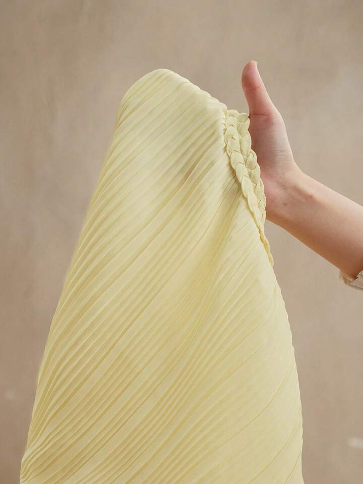 CM-TS652461 Women Elegant Seoul Style Cable Knit Round Neck Pleated Lantern Sleeve Slim Fit Blouse - Yellow