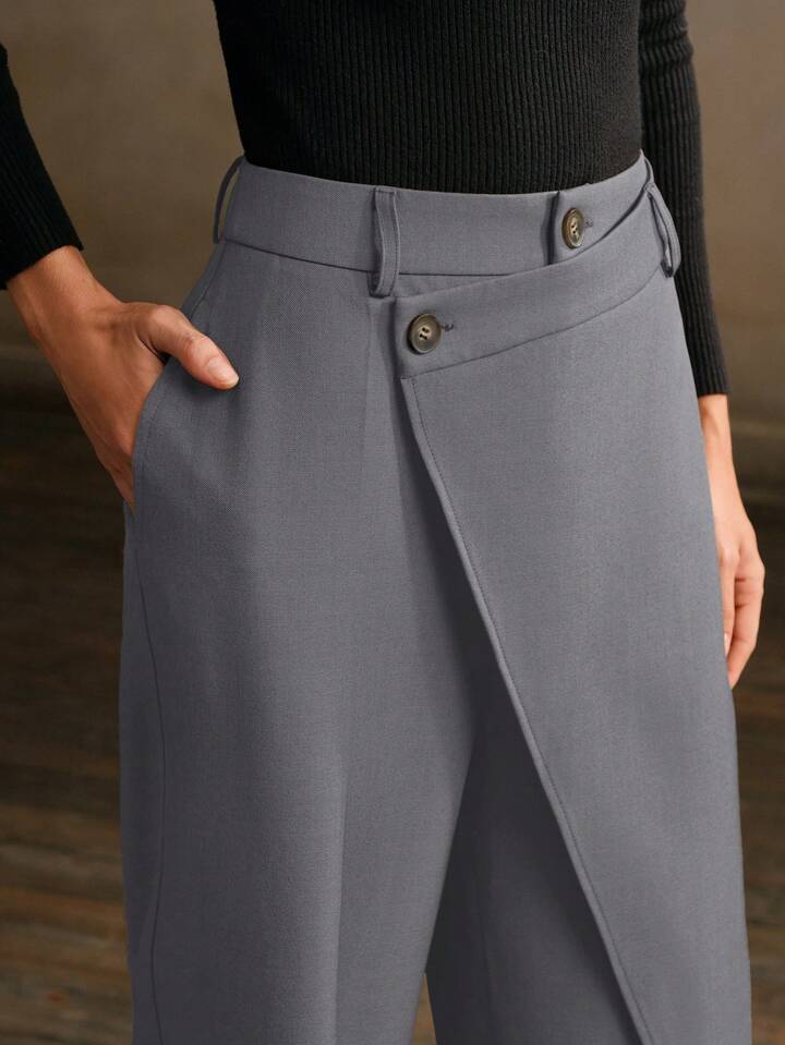 CM-BS305030 Women Elegant Seoul Style Asymmetrical Draping Cross-Wrap Pockets Straight-Leg Pants - Light Gray