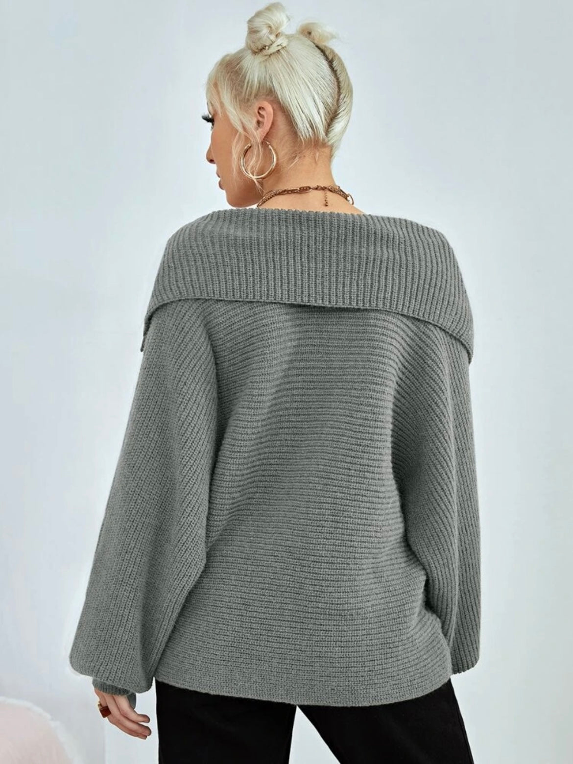 CM-CS902722 Women Casual Seoul Style Loose Fold Collared Bishop Sleeve Sweater - Gray