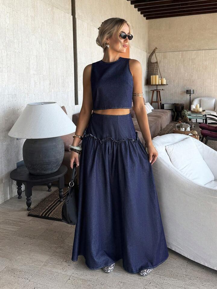 CM-SS155777 Women Casual Seoul Style Dark Wash Sleeveless Denim Vest Top With Flared Long Skirt - Set