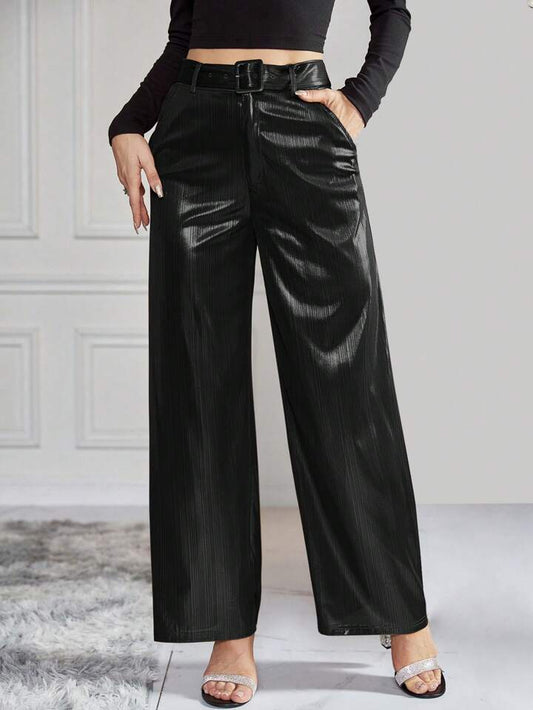 CM-BS949555 Women Elegant Seoul Style High Waist Belted Metallic Wide Leg Pants - Black