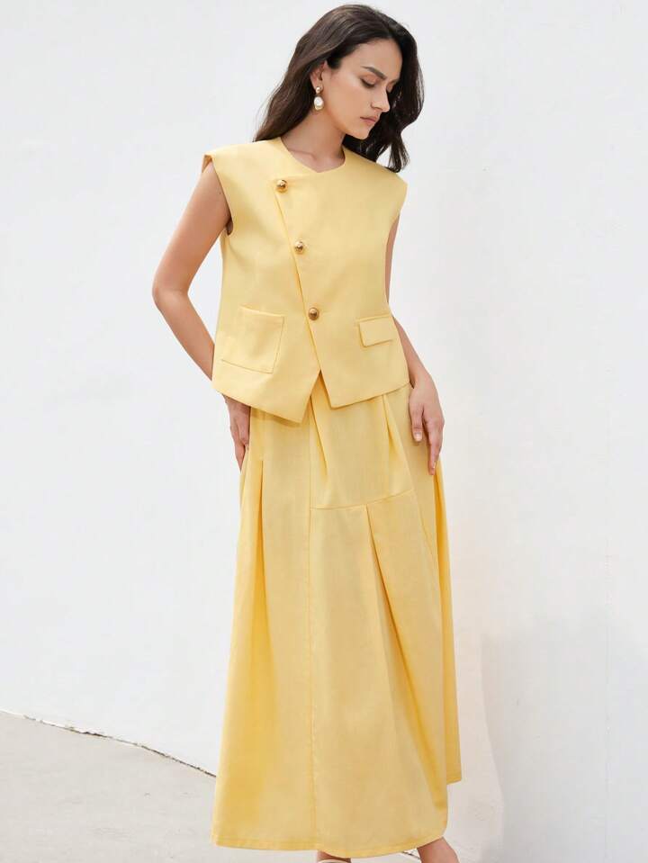 CM-SS679261 Women Elegant Seoul Style V-Neck Sleeveless Button Front Cami With Maxi Skirt - Set