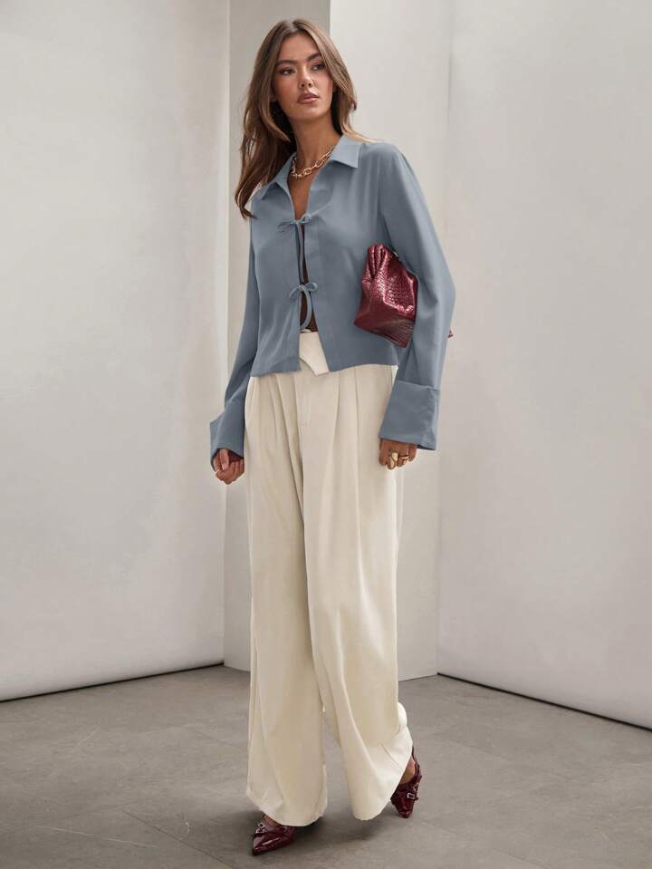 CM-TS815344 Women Trendy Bohemian Style Shirt Collar Front Tie Long Sleeve Shirt - Baby Blue
