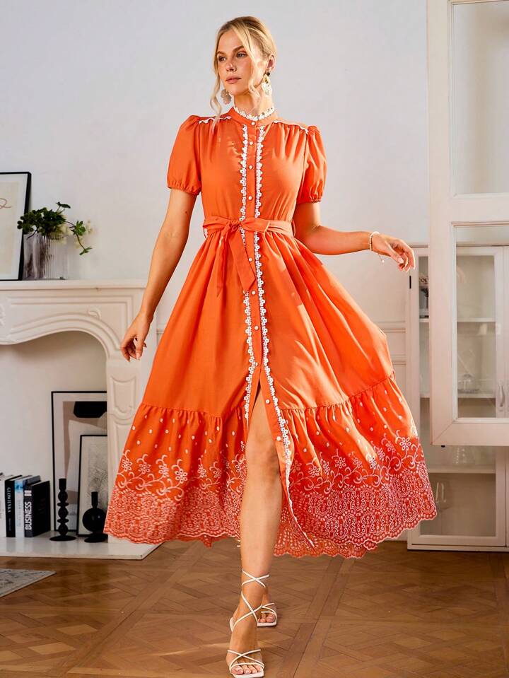 CM-DS097140 Women Elegant Seoul Style Stand Collar Puff Sleeve Embroidery Dress - Orange