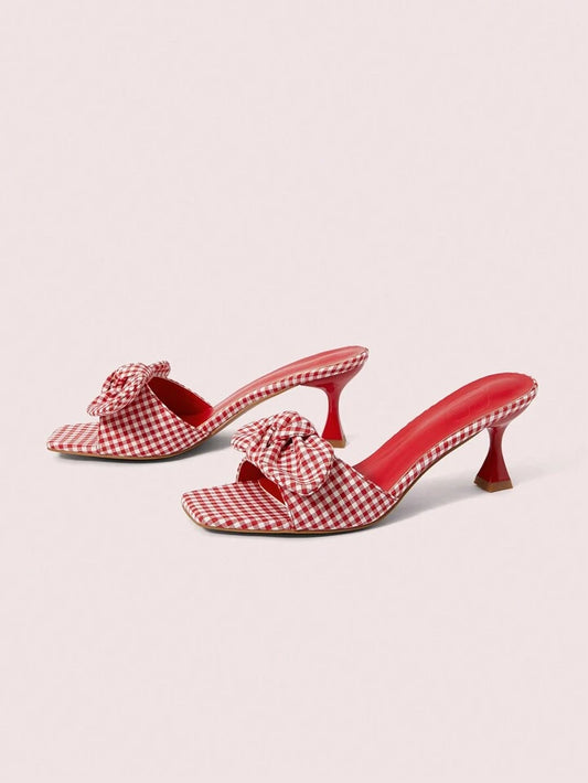 CM-SHS898723 Women Trendy Seoul Style Gingham Square Toe Mule Flat Sandals - Red