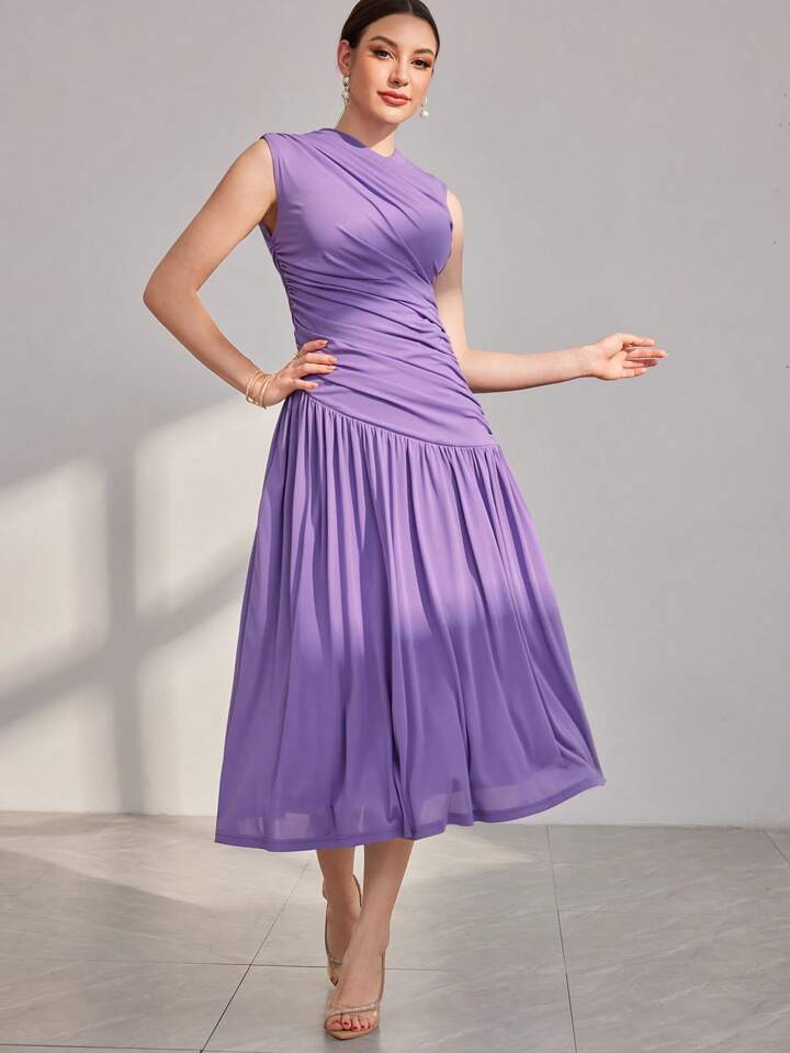 CM-DS870897 Women Elegant Seoul Style Stand Collar Pleated Sleeveless Dress - Mauve Purple