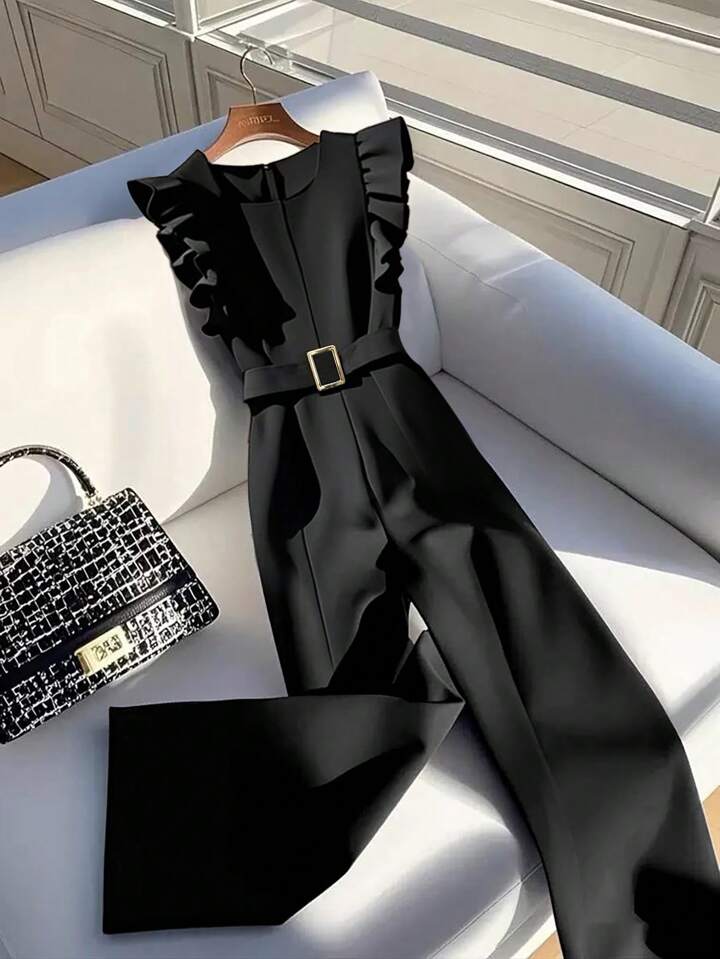 CM-JS281060 Women Elegant Seoul Style Solid Color Ruffle Waistband Wide Leg Jumpsuit - Black