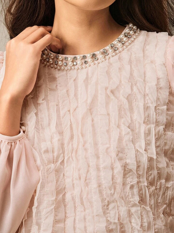 CM-TS386808 Women Elegant Seoul Style Pearl And Rhinestone Embellish Loose Lantern Sleeve Blouse - Pink