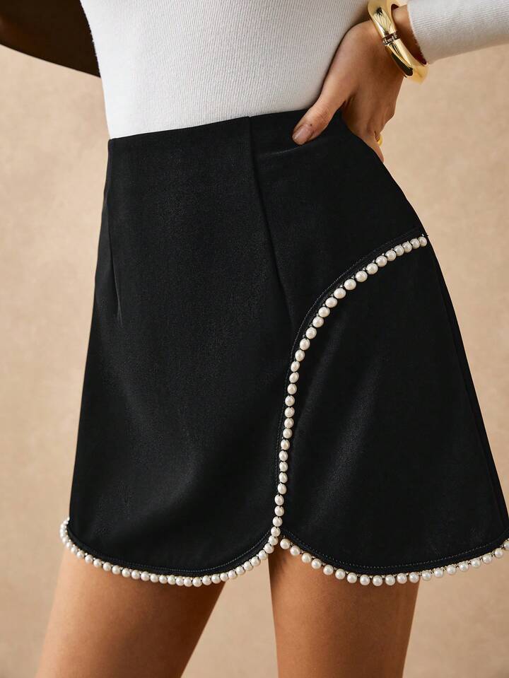 CM-BS261655 Women Casual Seoul Style High Waist Faux Pearl Embellished Skirt - Black