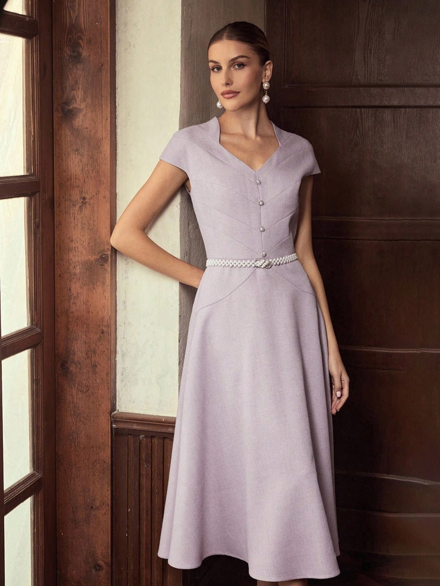 CM-DS479010 Women Elegant Seoul Style Cap Sleeve Cinched Waist Mid-Length Dress - Purple