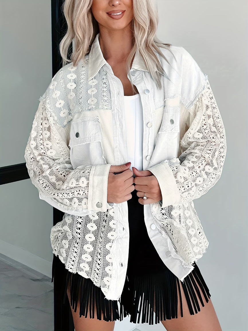 CM-CT904457 Women Casual Seoul Style Lace Patchwork Colorblock Long Sleeve Denim Jacket - White