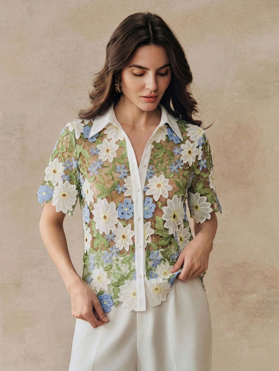 CM-TS121784 Women Elegant Seoul Style Hollow Floral Shape Pattern Short Sleeve Half-Round White Pearl Button Shirt