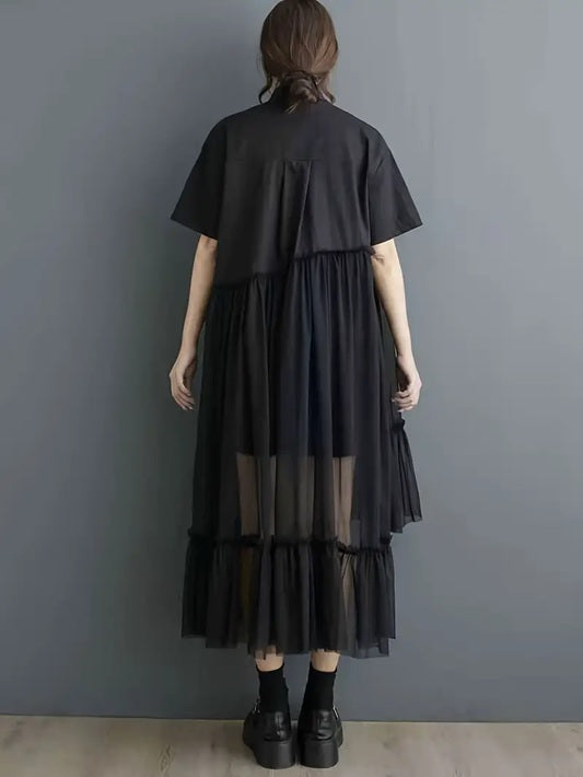 CM-DT180028 Women Casual Seoul Style Collar Neckline Long Sleeve Loose Shirt Dress - Black