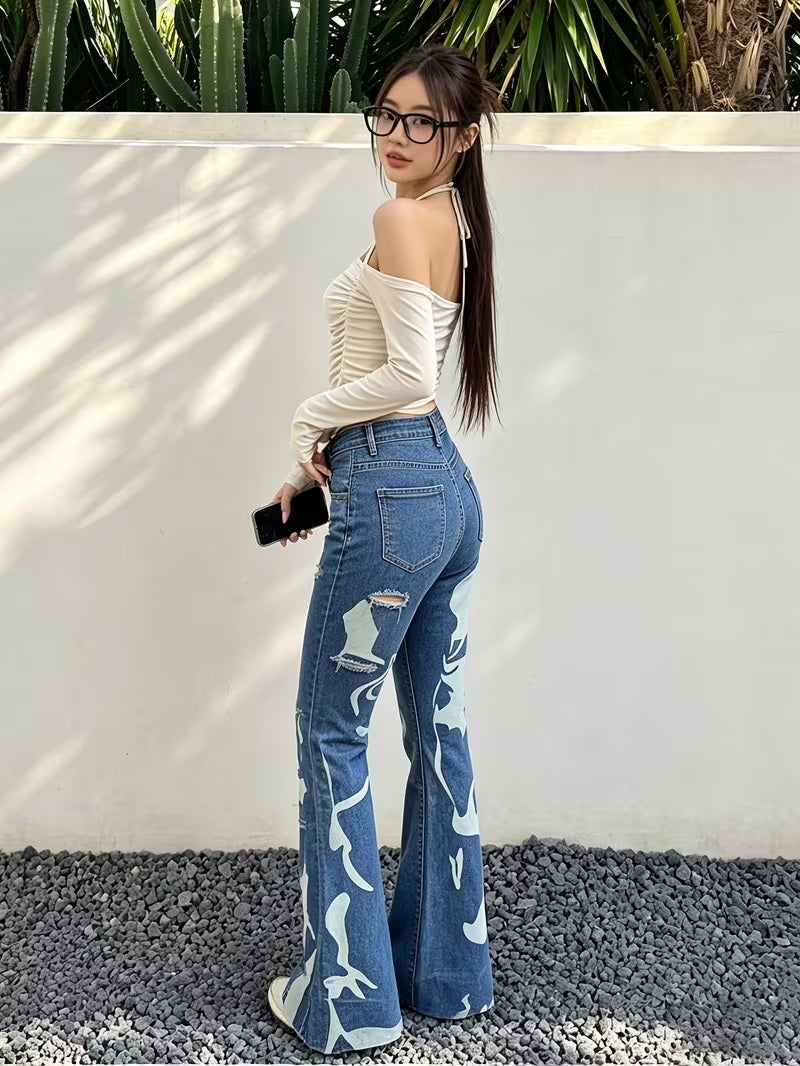 CM-BT791991 Women Casual Seoul Style Mid Waist Graffiti Print Distressed Flare Leg Jeans - Blue