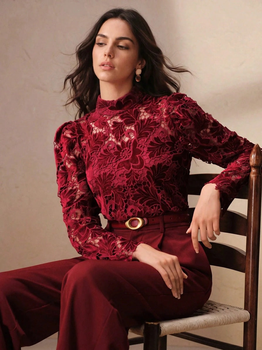 CM-TS198442 Women Elegant Seoul Style Stand Collar Long Sleeve Hollow-Out Burnout Top - Burgundy