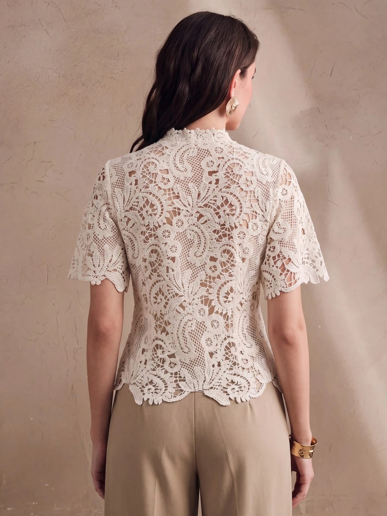 CM-TS144957 Women Elegant Seoul Style Stand Collar Hollow Floral Short Sleeve Blouse - Apricot