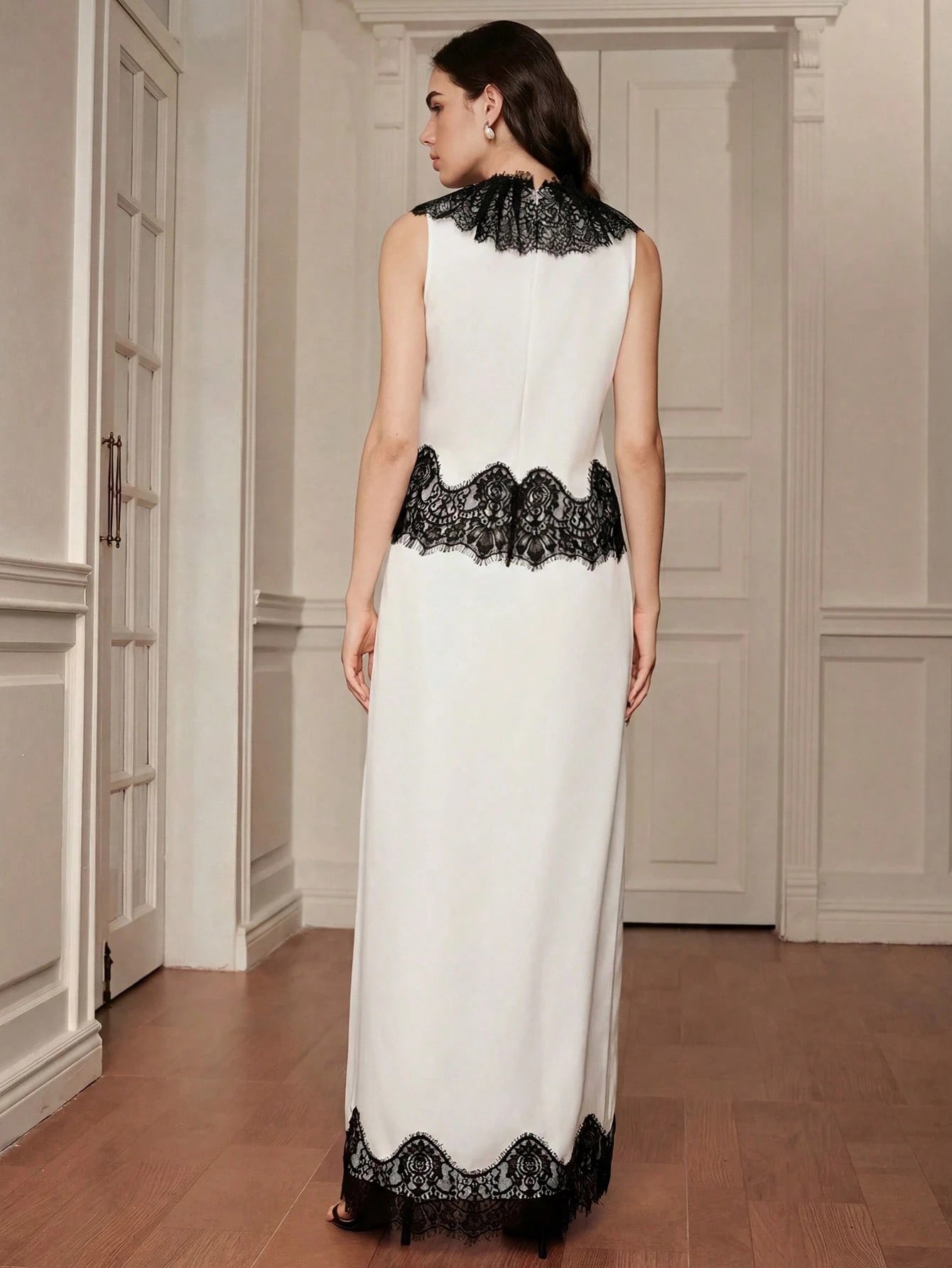 CM-SS166997 Women Elegant Seoul Style Contrast Color Lace Trim Patchwork Sleeveless Top With Maxi Skirt - Set