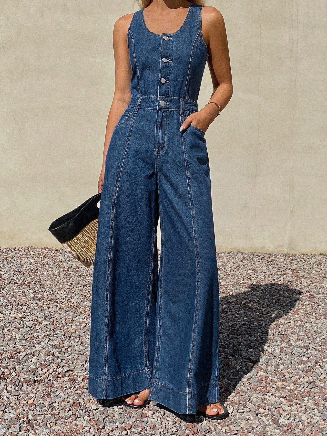 CM-JS194919 Women Elegant Seoul Style Medium Wash Sleeveless Adjustable Strap Loose Straight Leg Denim Jumpsuit