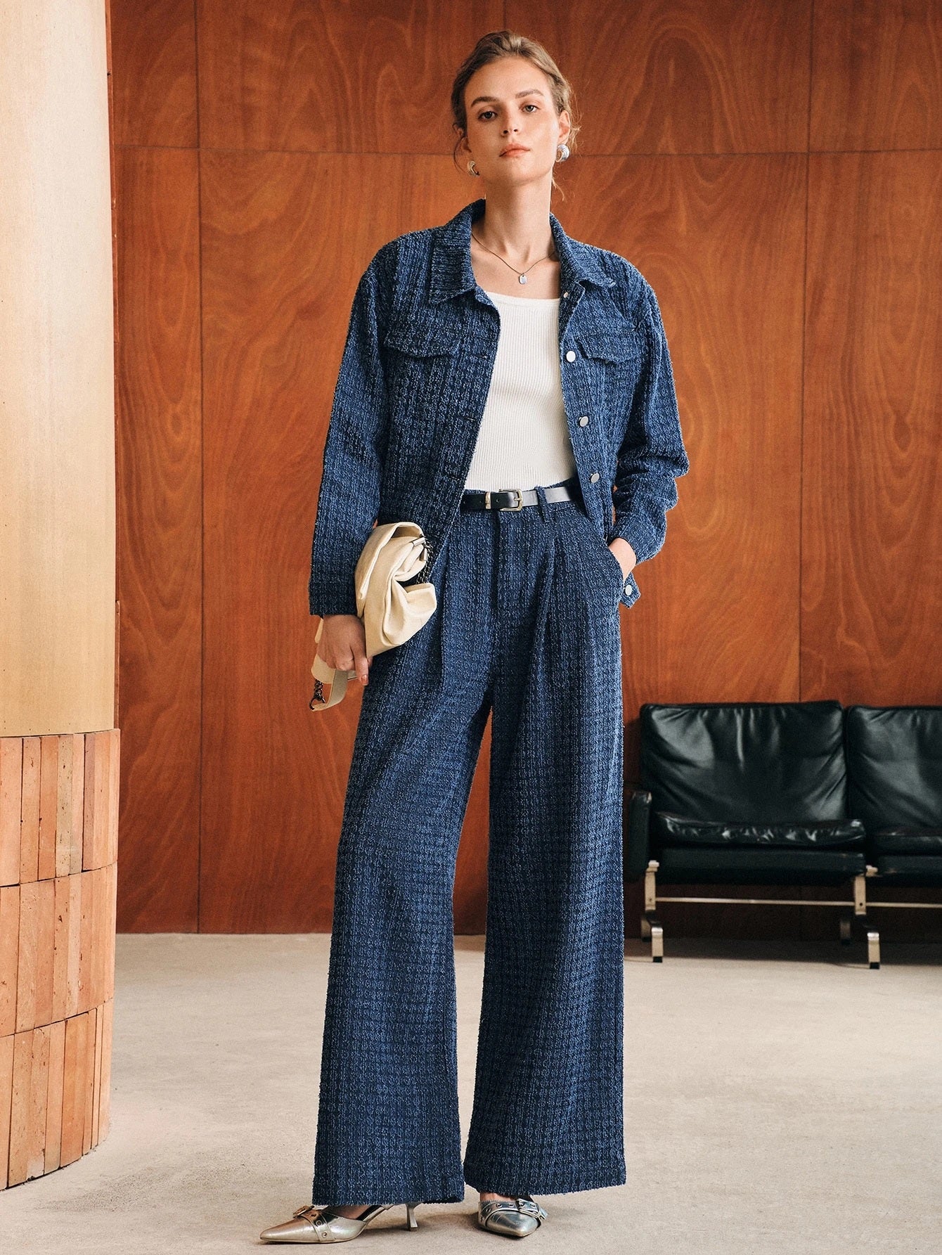 CM-CS340330 Women Elegant Seoul Style Collar Neckline Long Sleeve Single-Breasted Loose Denim Jacket - Navy Blue