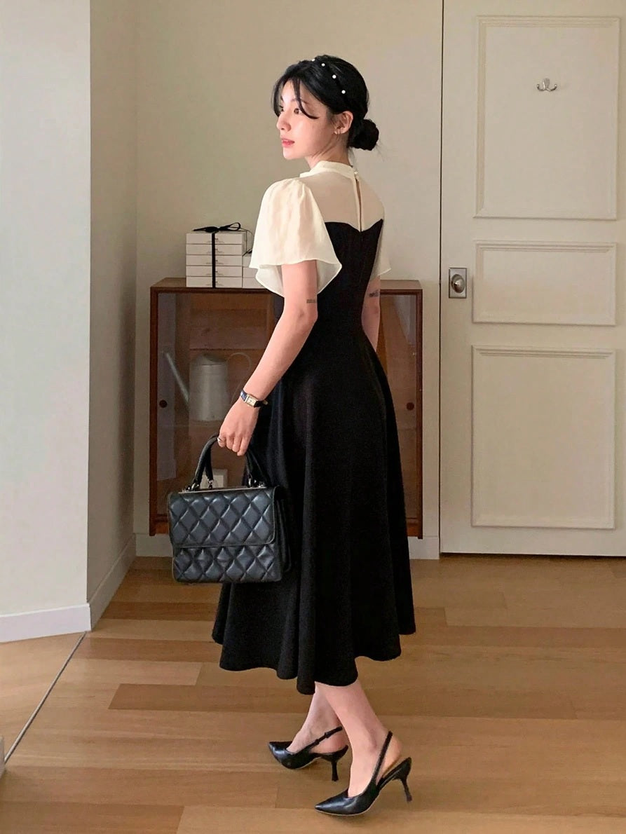 CM-DS116914 Women Elegant Seoul Style Stand Collar Puff Sleeve Patchwork Contrast Color Waist-Cinched Midi Dress