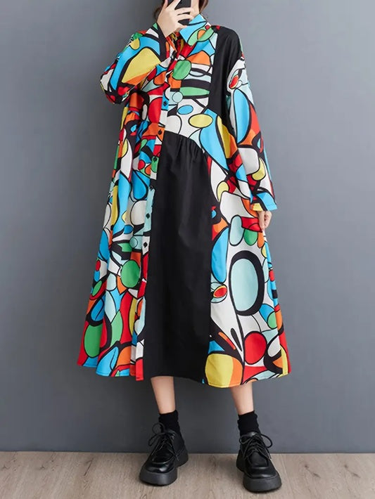 CM-DT105914 Women Casual Seoul Style Geometric Pattern Collar Neckline Long Sleeve Asymmetrical Hem Dress