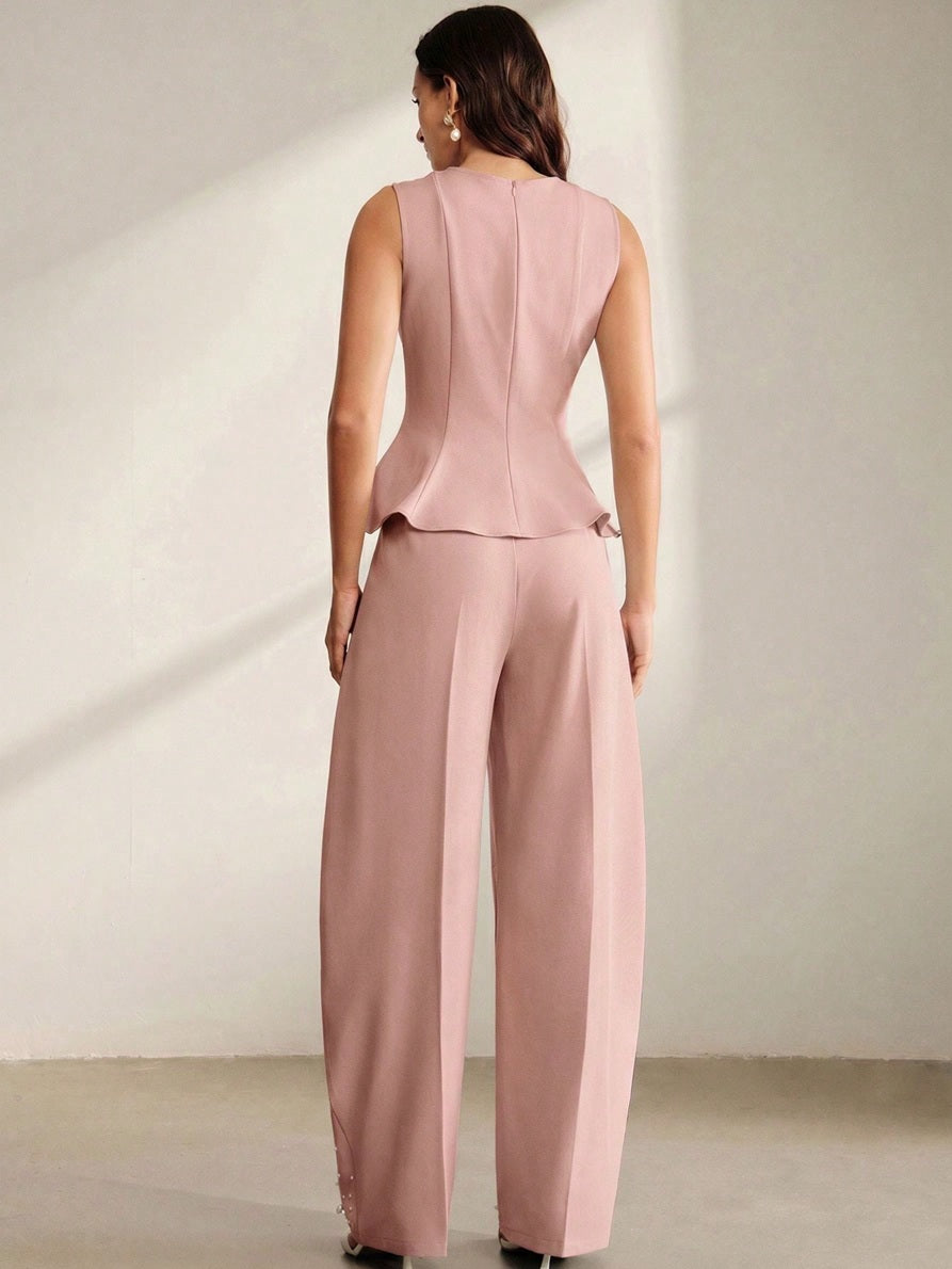 CM-SS652681 Women Elegant Seoul Style Round Neck Sleeveless Beaded Ruffle Hem Blouse With Tapered Trousers - Set