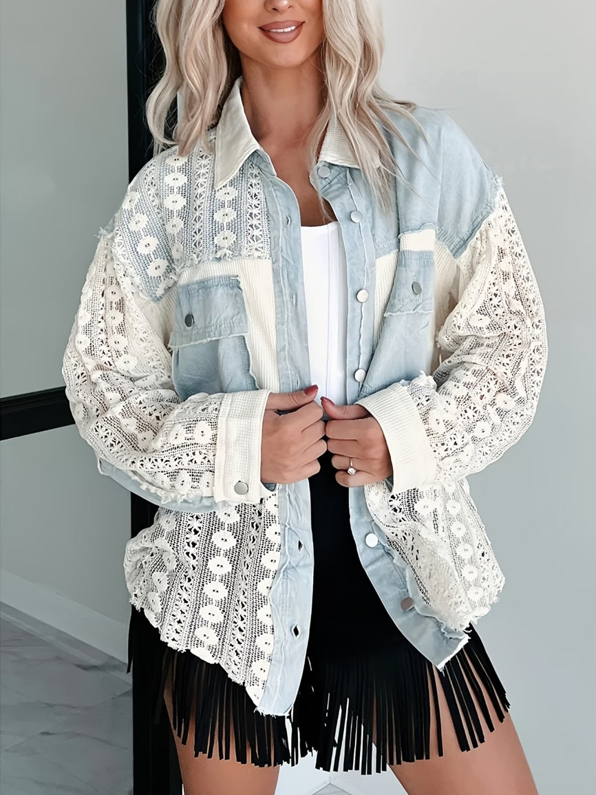 CM-CT904457 Women Casual Seoul Style Lace Patchwork Colorblock Long Sleeve Denim Jacket - Light Blue