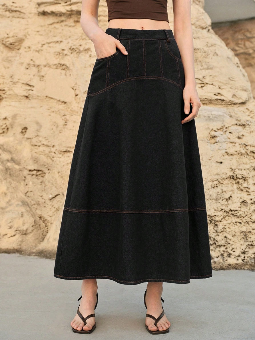 CM-BS379435 Women Casual Seoul Style Mid Waist Slant Pocket A-Line Long Denim Skirt - Black