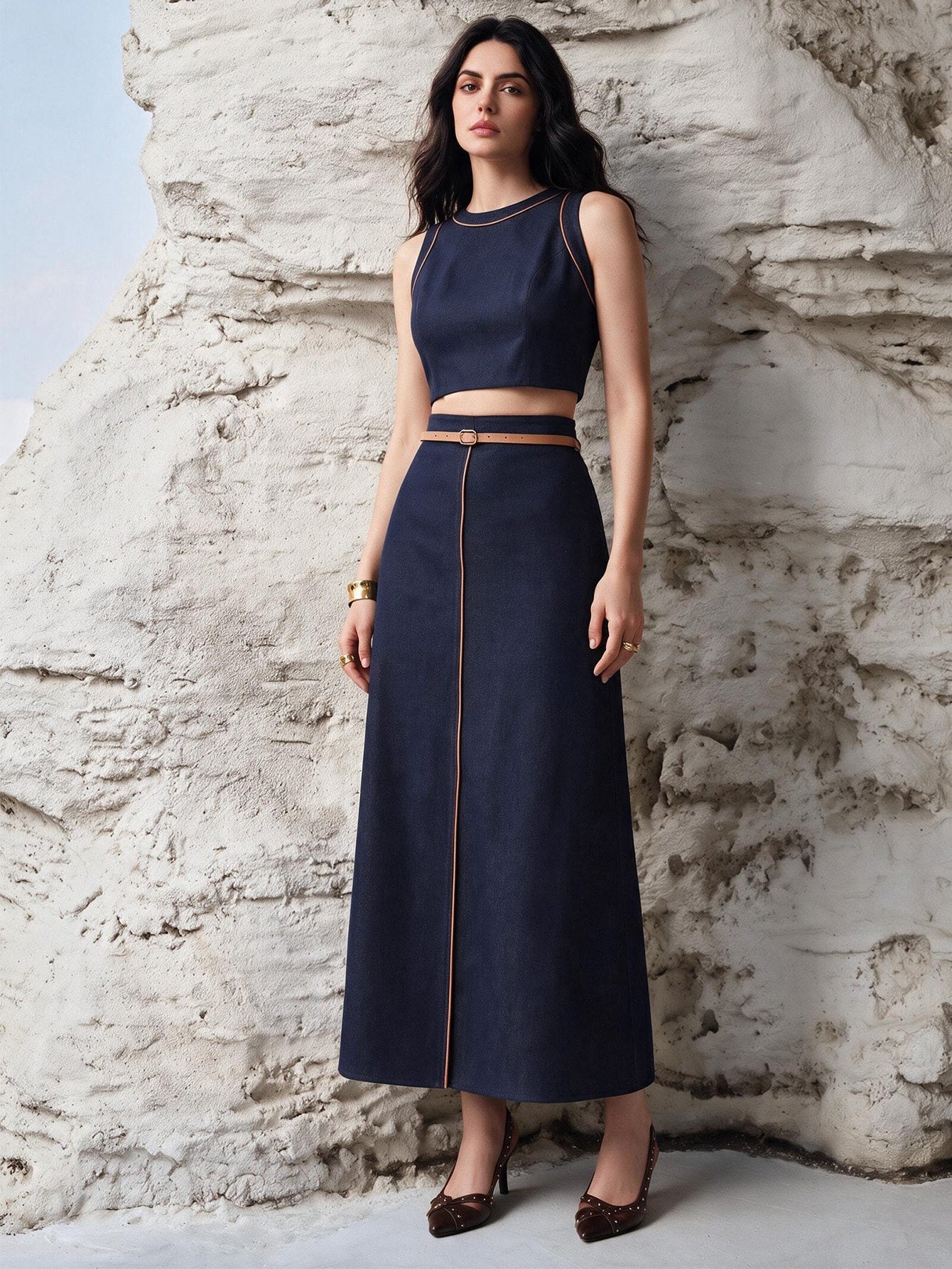 CM-SS055914 Women Elegant Seoul Style Round Neck Sleeveless Cropped Top With Contrast Color Leather Trim Waist-Cinching Skirt - Set