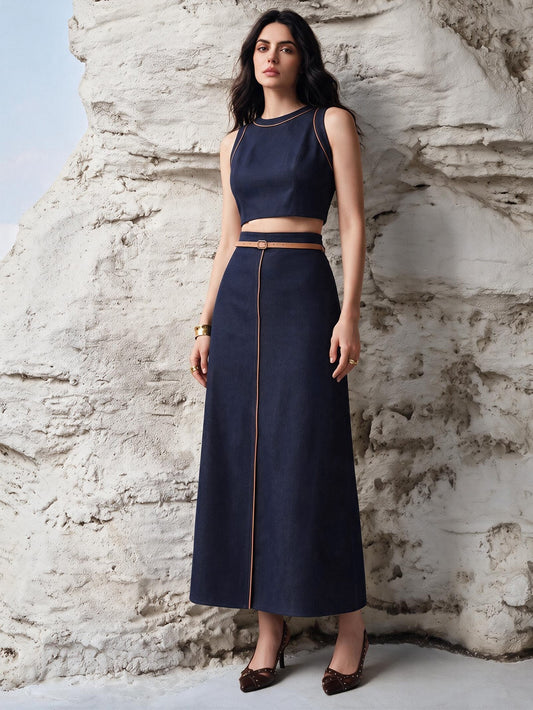 CM-SS055914 Women Elegant Seoul Style Round Neck Sleeveless Cropped Top With Contrast Color Leather Trim Waist-Cinching Skirt - Set