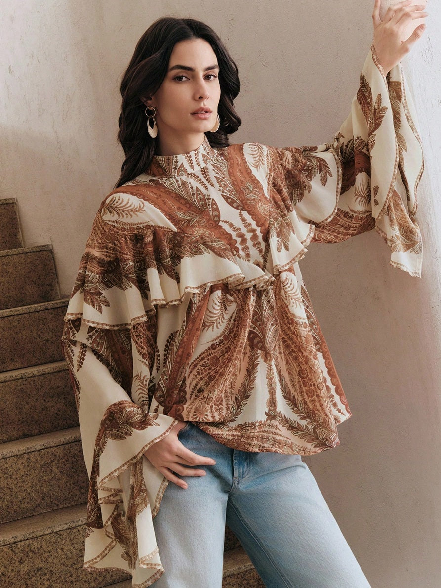 CM-TS528762 Women Trendy Bohemian Style Mock Necl Long Sleeve Plants Print Loose Blouse