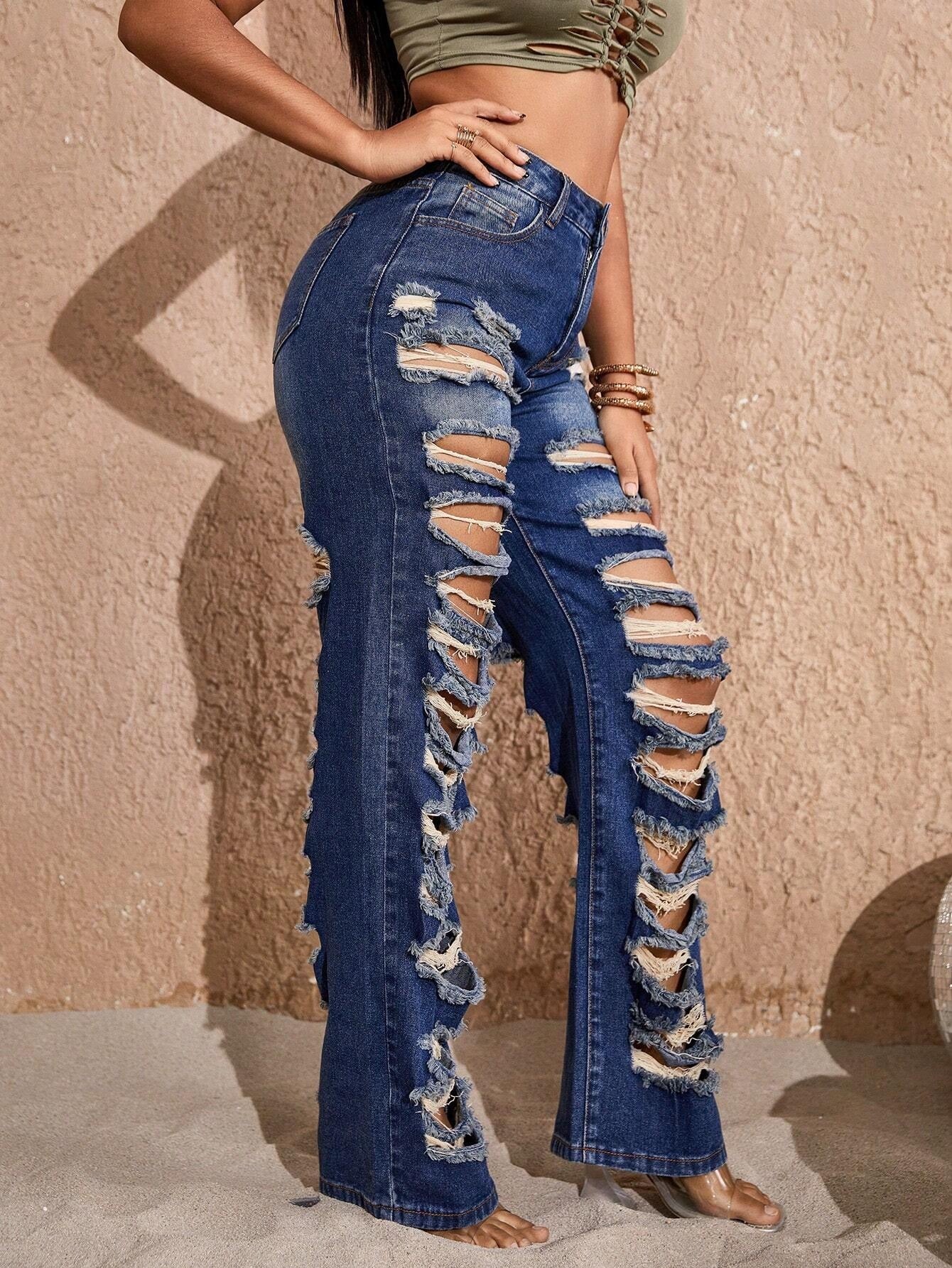 CM-BS699580 Women Preppy Seoul Style High Waist Ripped Straight Leg Jeans - Blue
