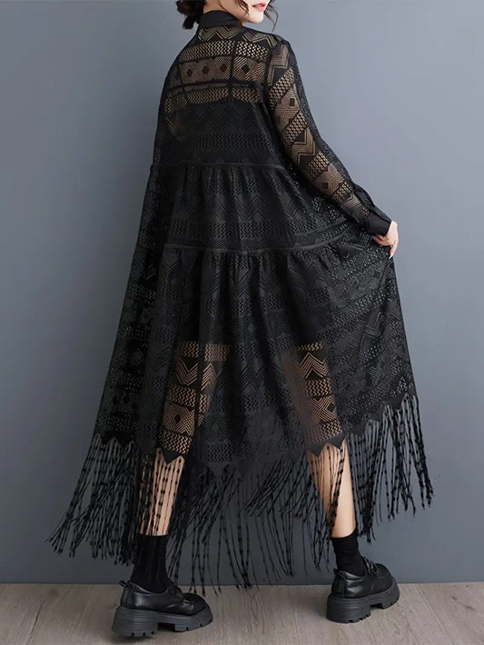 CM-DT294481 Women Casual Seoul Style Lapel Neckline See-Through Hollow Tassel Long Dress - Black