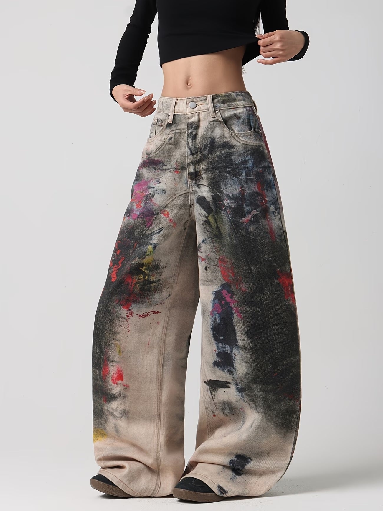 CM-BT057152 Women Casual Seoul Style 2D Graffiti Print Design Wide-Leg Jeans