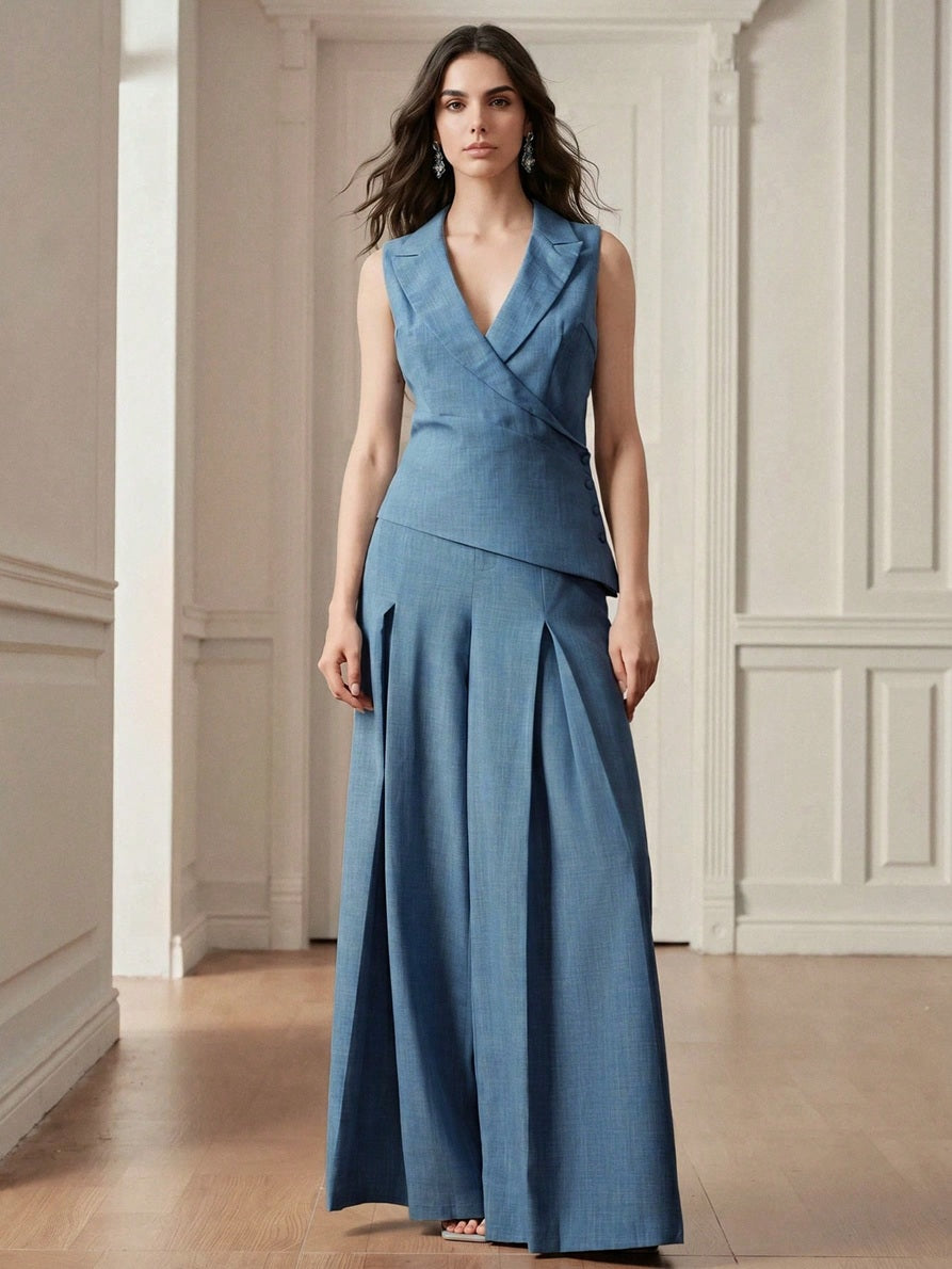 CM-SS917104 Women Elegant Seoul Style V-Neck Sleeveless Vest Top With Loose Wide Leg Pants - Set