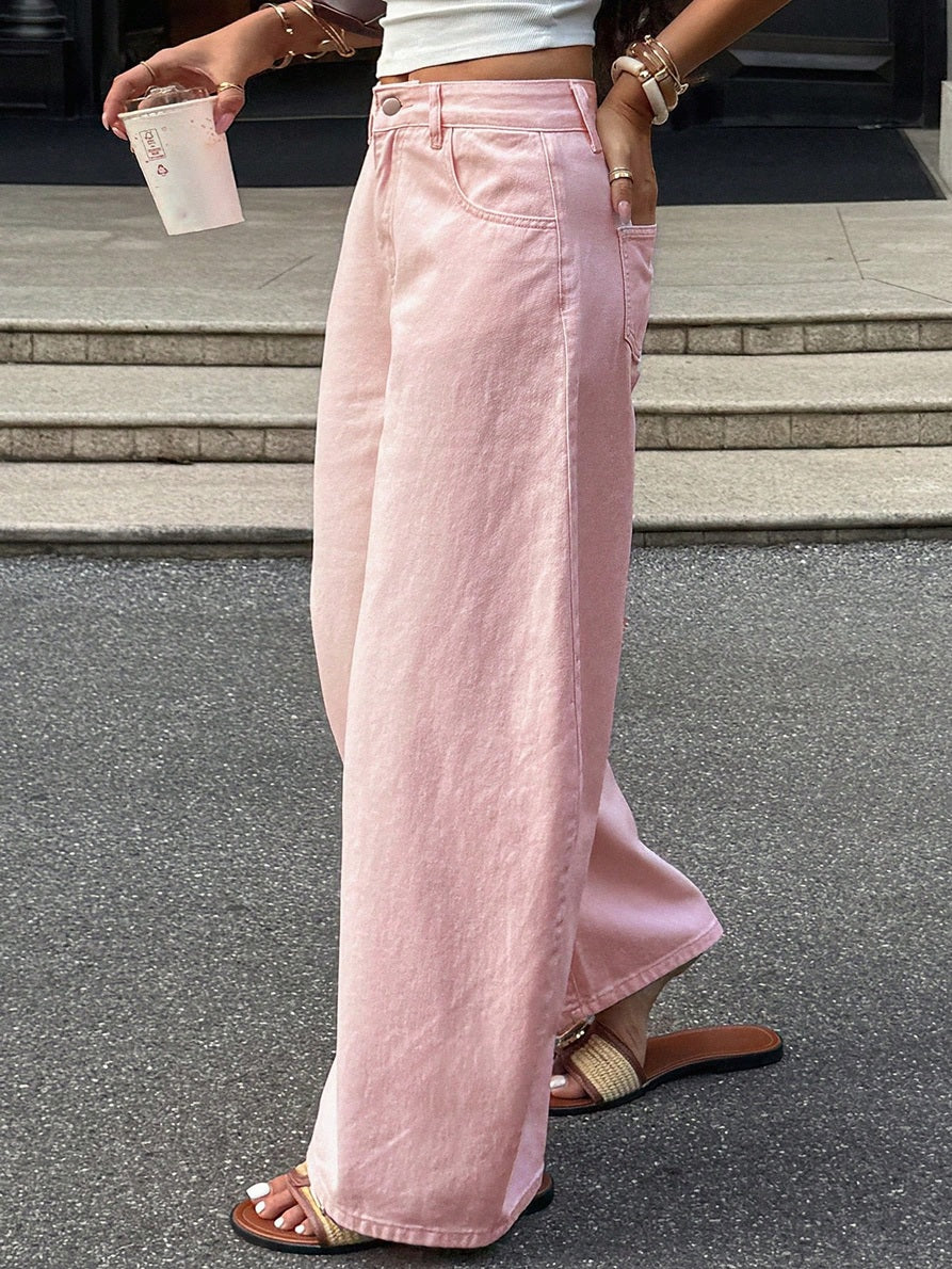 CM-BS021888 Women Casual Seoul Style Mid Waist Washed Distressed Straight Leg Jeans - Pink