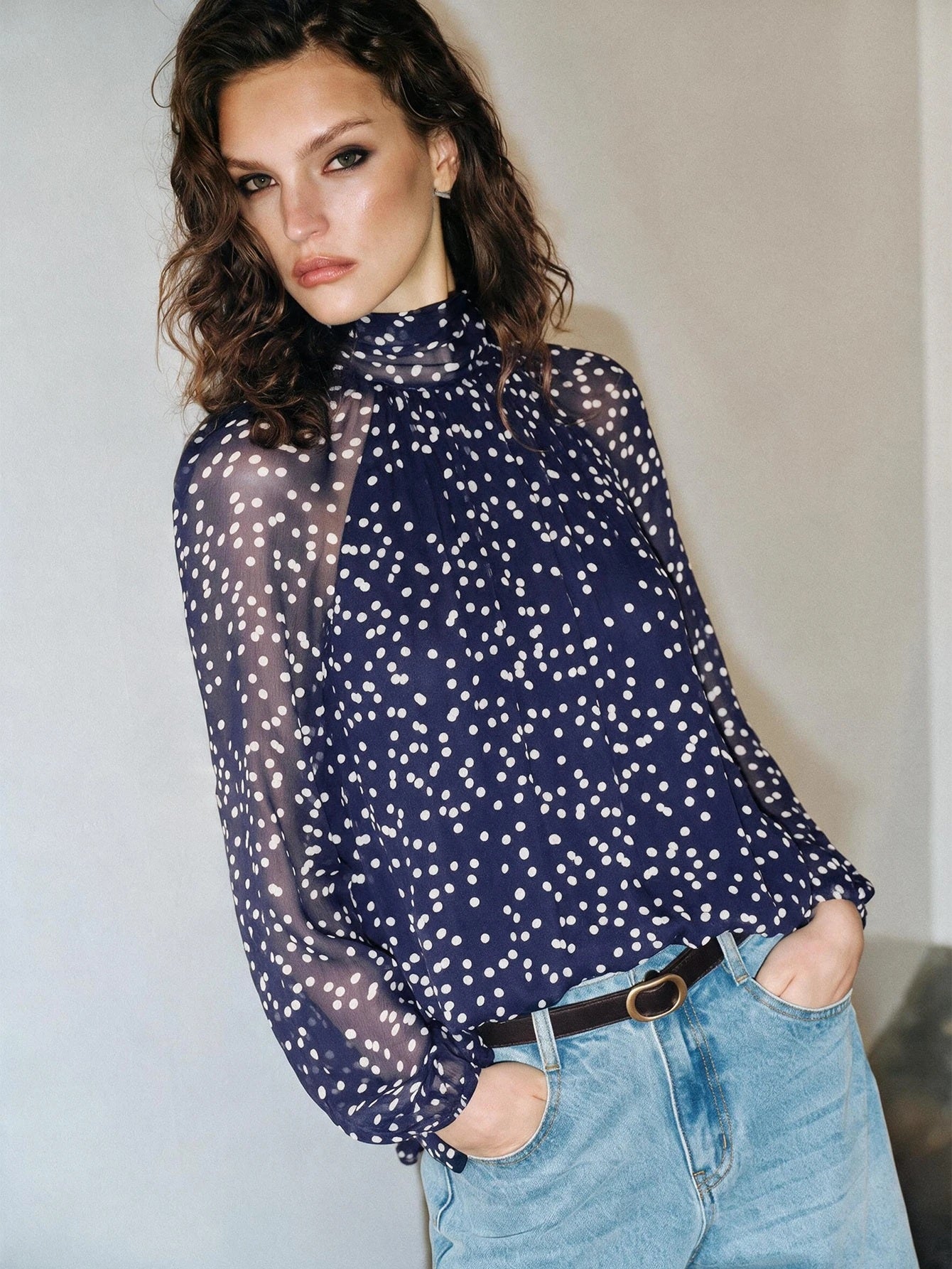 CM-TS293087 Women Elegant Seoul Style Bow Tie Long Sleeve Polka Dot Chiffon Loose Fit Blouse - Navy Blue