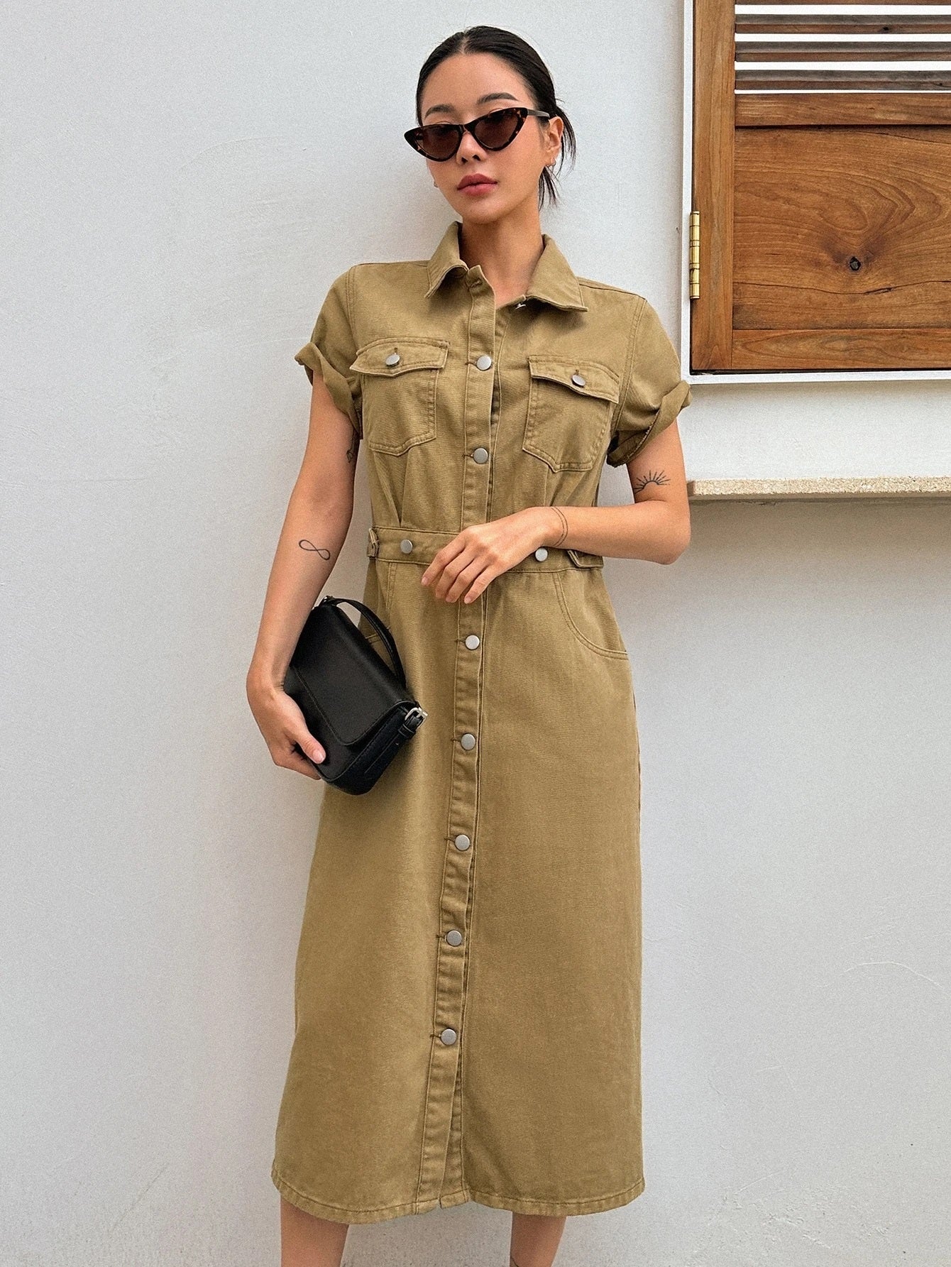 CM-DS708887 Women Preppy Seoul Style Flap Pocket Button Front Shirt Denim Dress