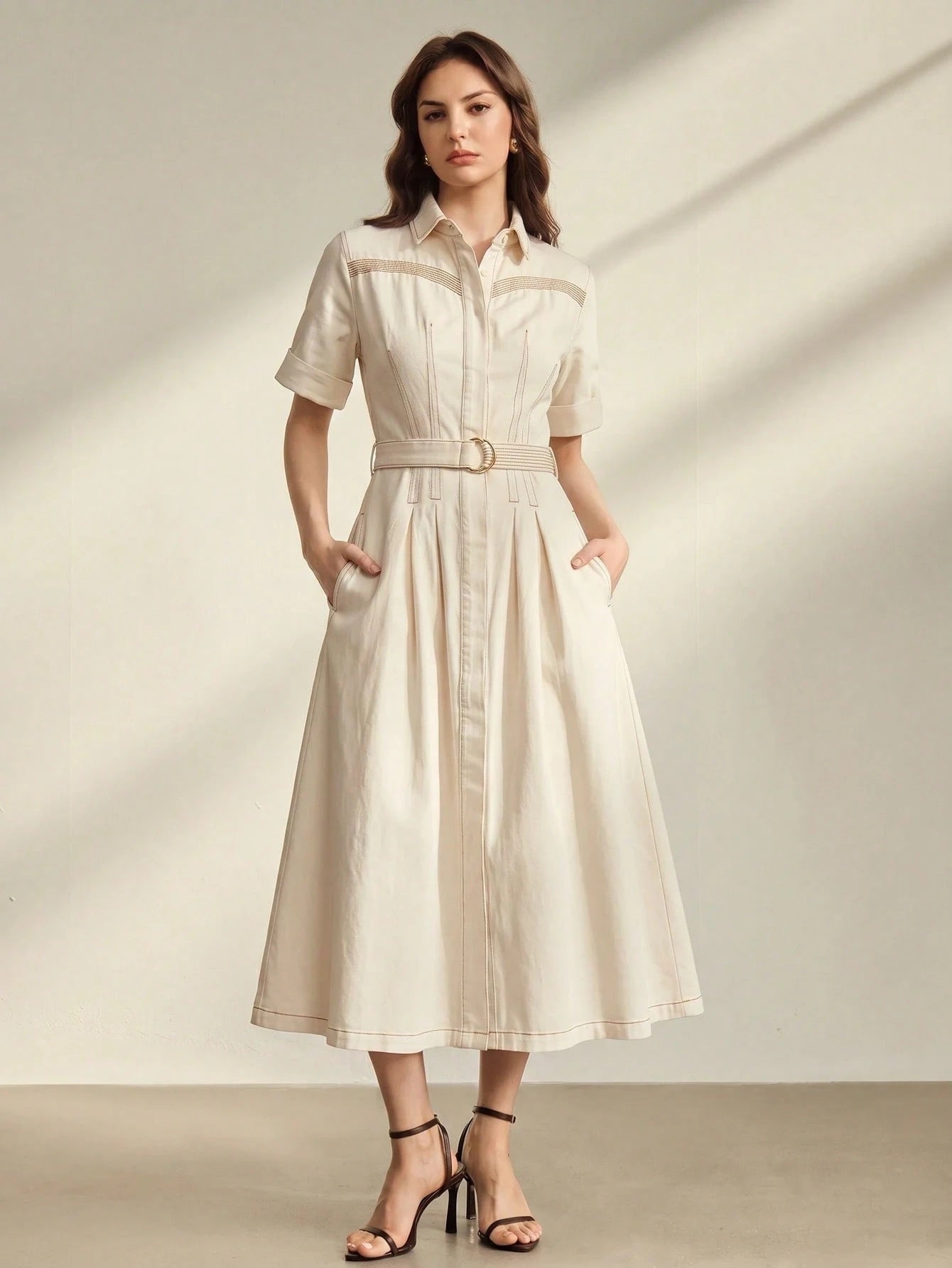 CM-DS359479 Women Elegant Seoul Style Collar Neckline Roll Up Sleeve High Waist Fitted Denim Dress - White