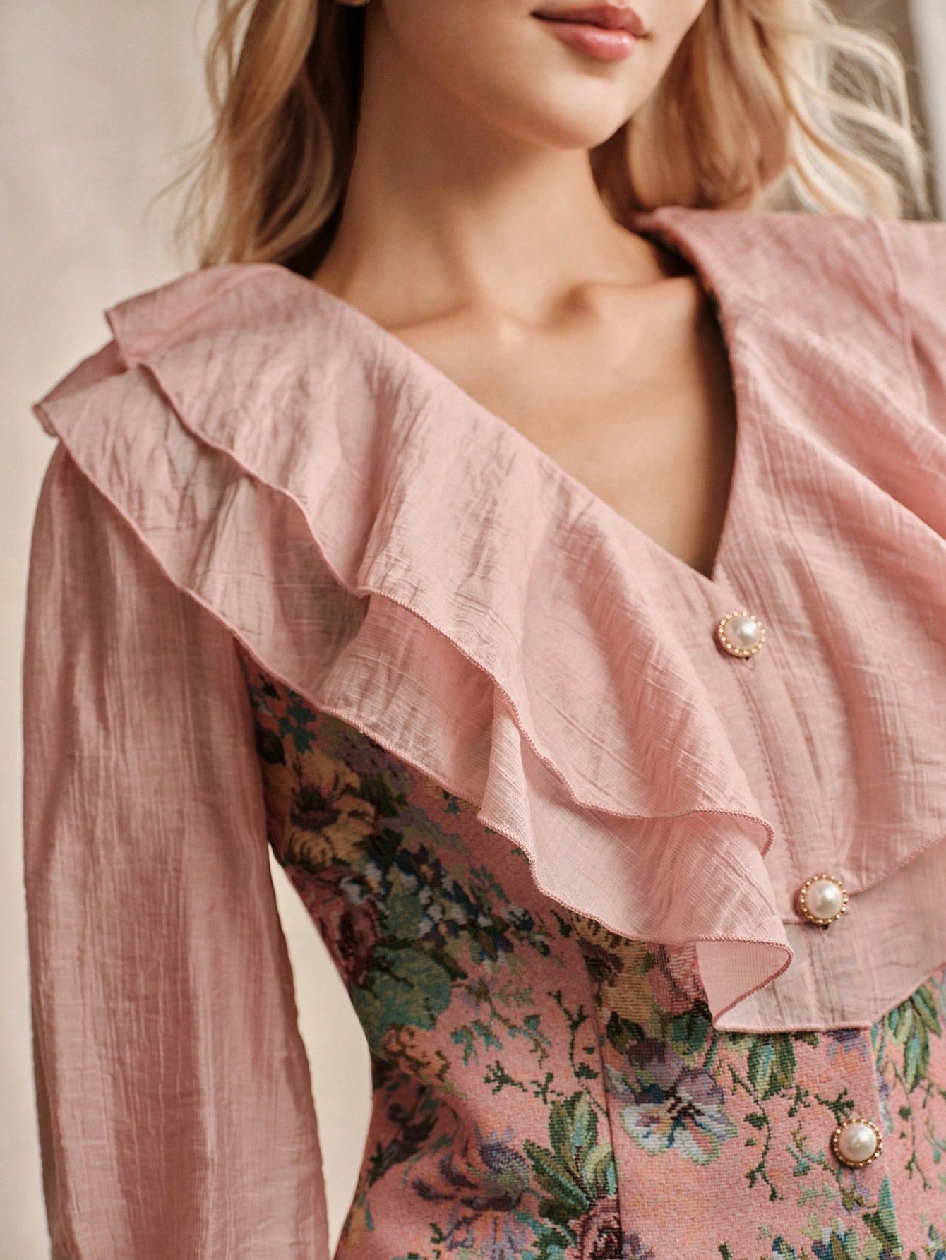 CM-TS258519 Women Elegant Seoul Style Flounce Collar Extra Long Sleeve Ruffle Blouse - Pink