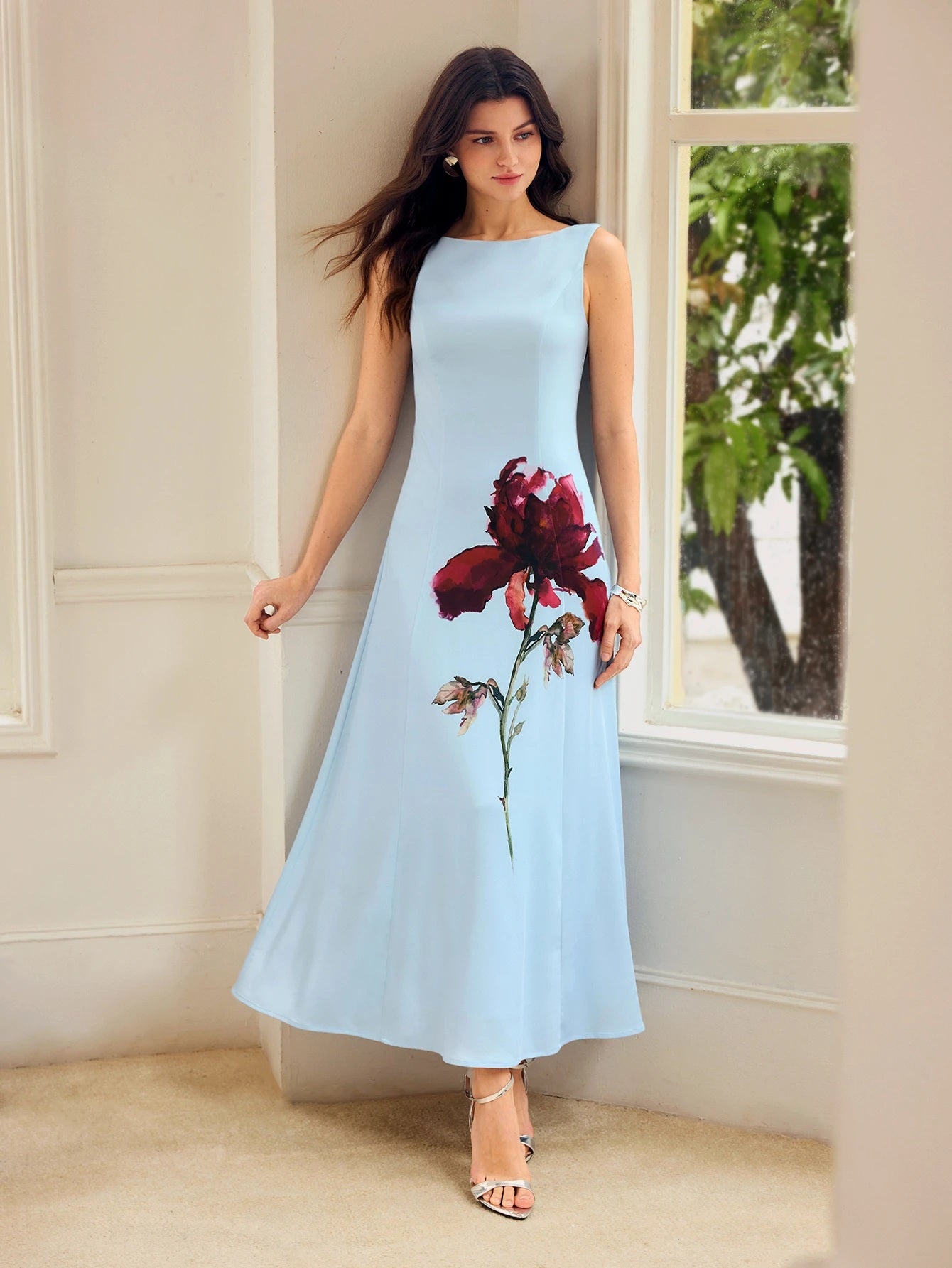 CM-DS205119 Women Elegant Seoul Style Boat Neck Sleeveless Floral Print Slim Waist Flared A-Line Dress