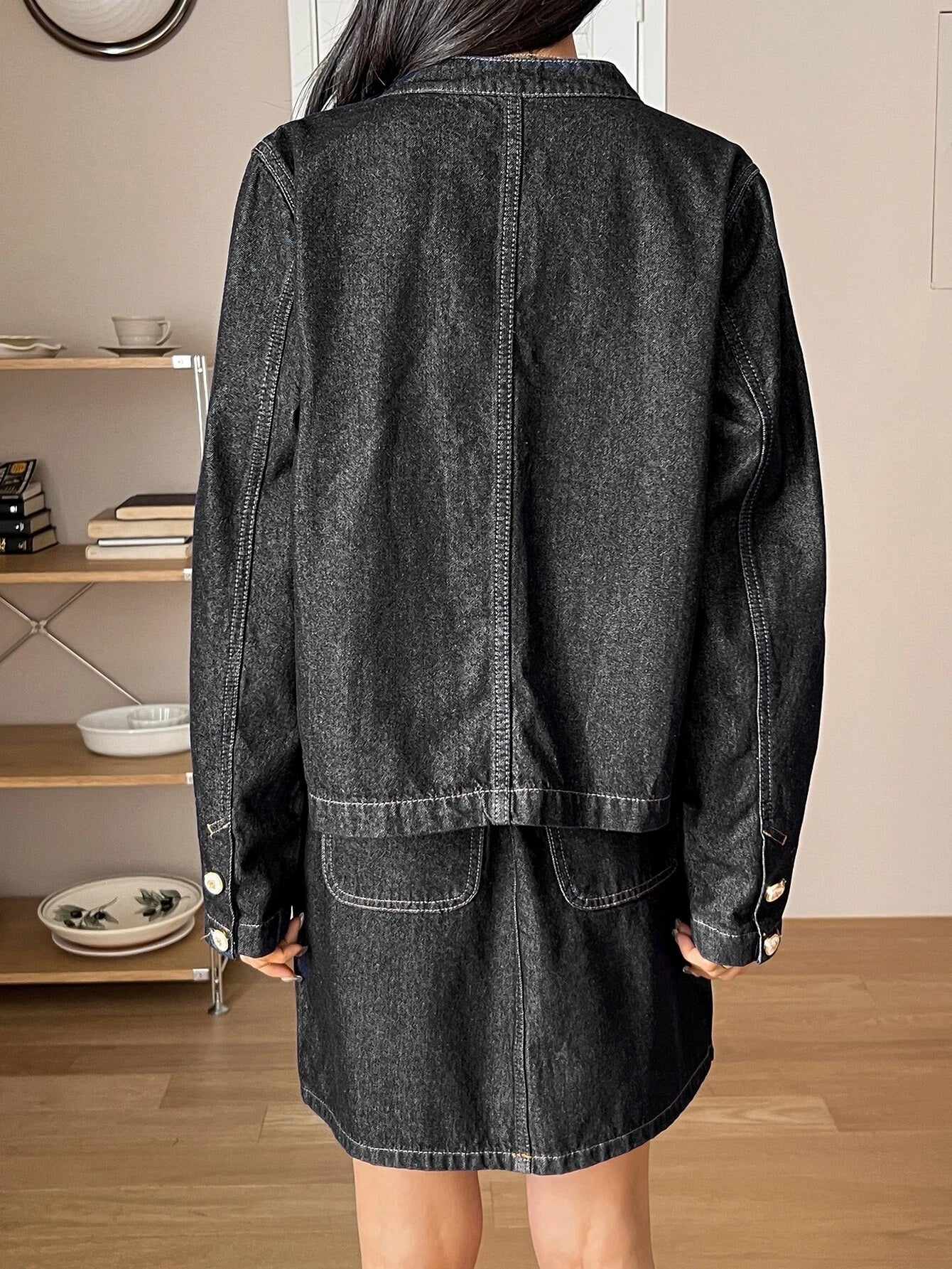 CM-SS746782 Women Preppy Seoul Style Button Front Denim Jacket With Slant Pocket Skirt - Set