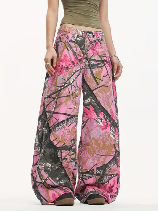 CM-BT141791 Women Casual Seoul Style Mid Waist Graffiti Maple Leaf Print Loose Wide Leg Jeans