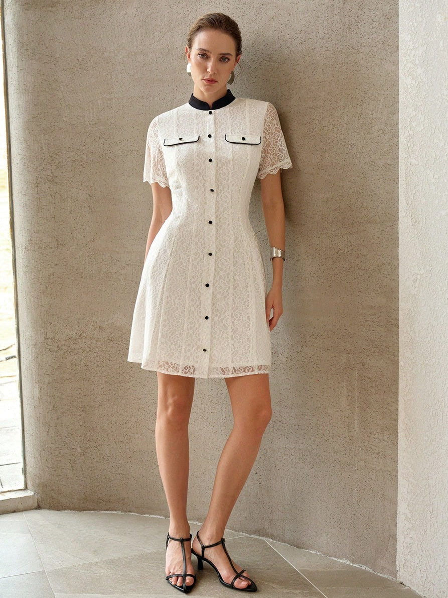 CM-DS167821 Women Elegant Seoul Style Stand Collar Short Sleeve Contrast Trim Lace Mini Dress